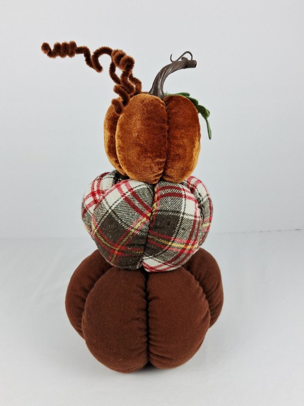 Fabric Stacked Pumpkin Fall Plaid & Velvet Accents 13" Tall Brown & Orange